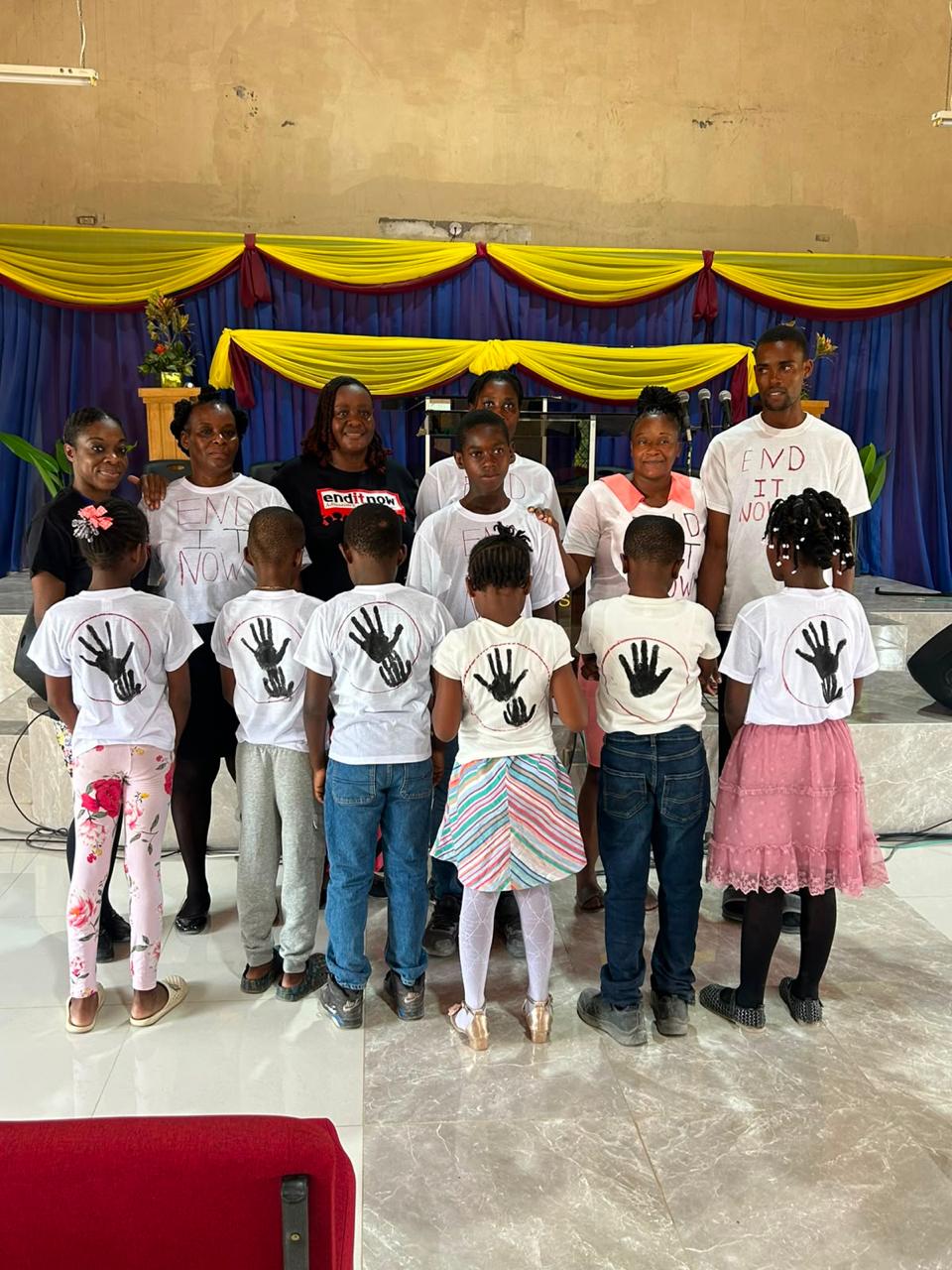 Children of the Old Hope SDA church show off the designs on the back of their shirts as they gear up to do their part in their church's initiative on EnditNow emphasis day held on Sabbath, August 22, 2026. :: Photo credit: Contributed